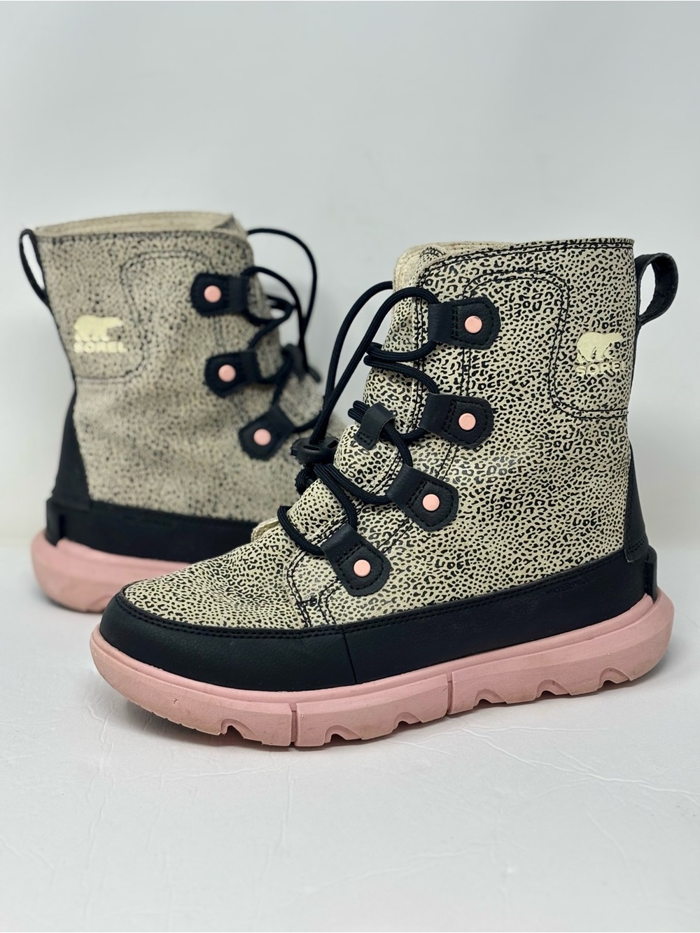 Sorel Kids' Explorer Lace Up Boots Waterproof Cheetah Animal Print Big Kid 4